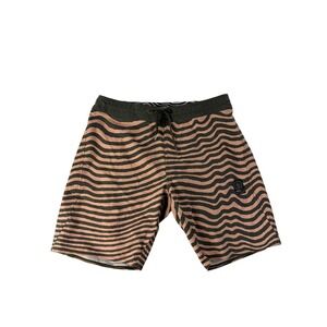 Volcom Board Shorts Mens 32 Stoneys Wavy Stripe Surf Swim Trunks Peach Green 9"